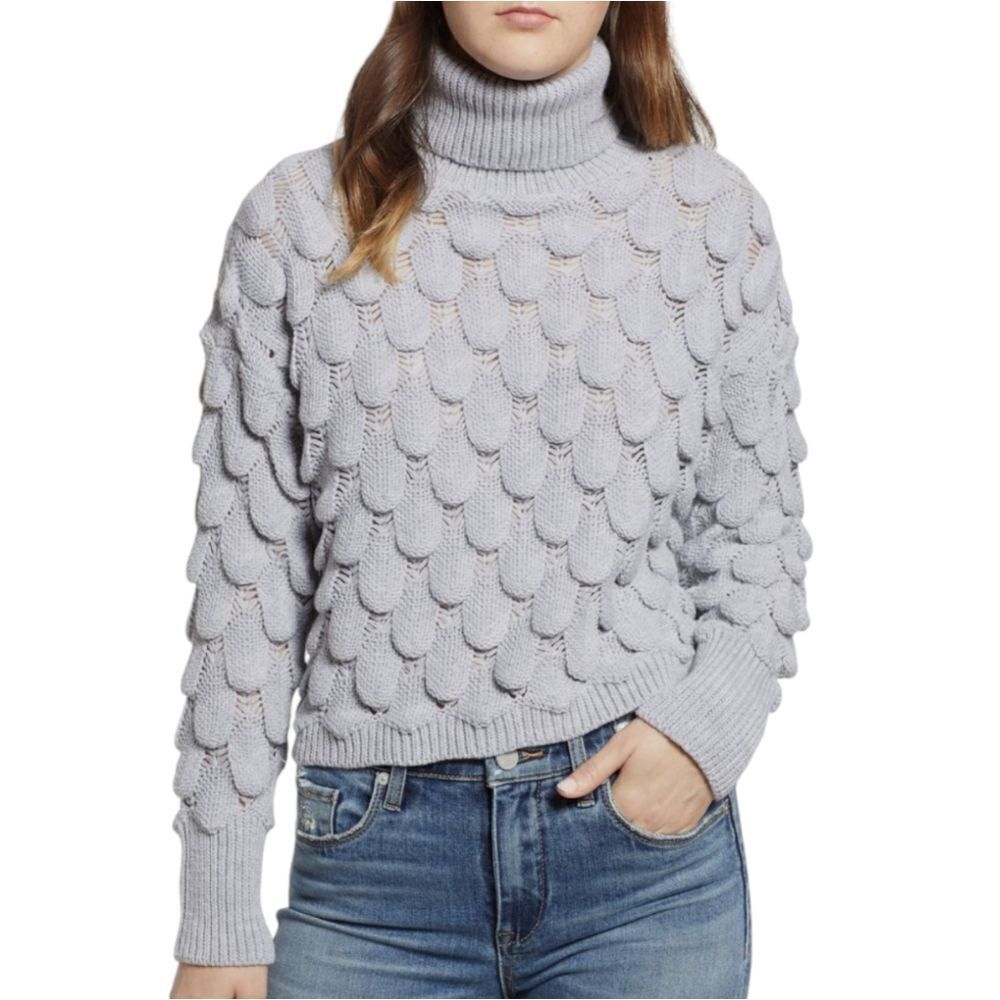 Cotton Emporium Grey Turtle Neck Scalloped Textured Chunky Knit Ribbed Sweater